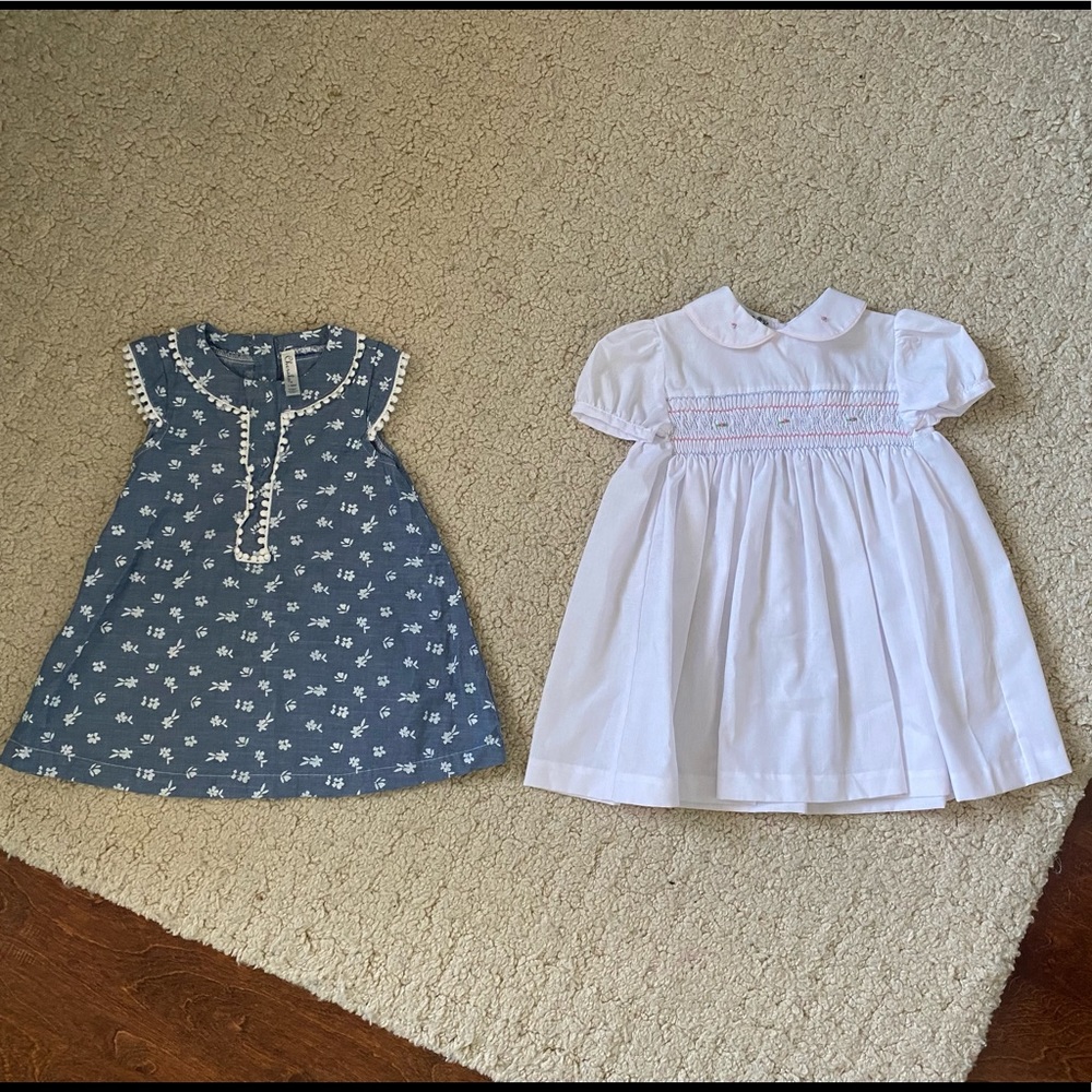 Bundle 2 Dresses 👗 , Smocked Peter Pan Collared White Dress and Blue. Size 24M